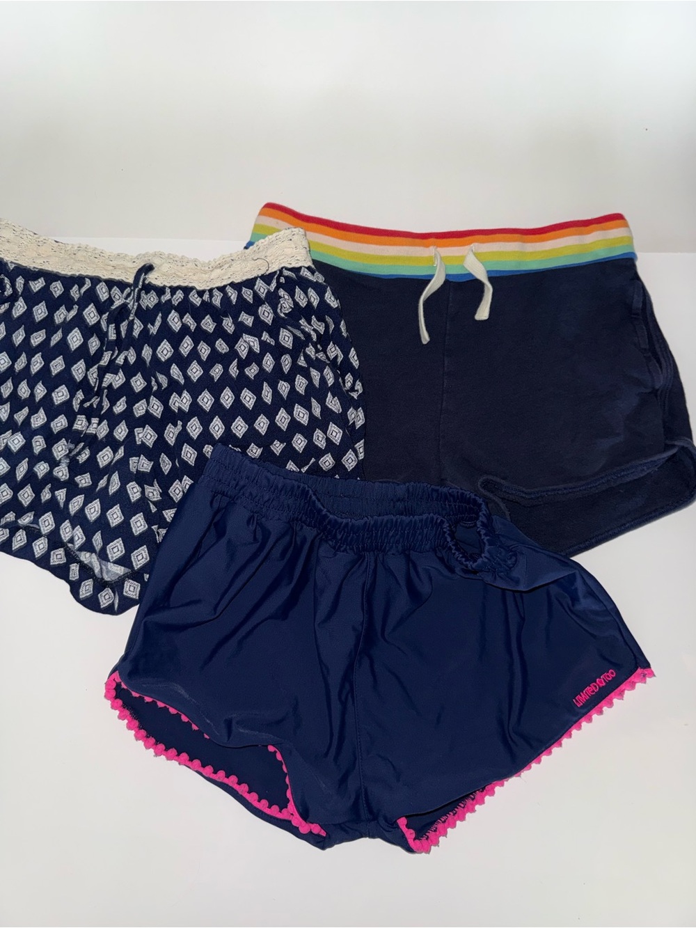 3prs girls Navy Athletic Shorts: w/Pink Trim, Rainbow trim, Lace trim/Geometric